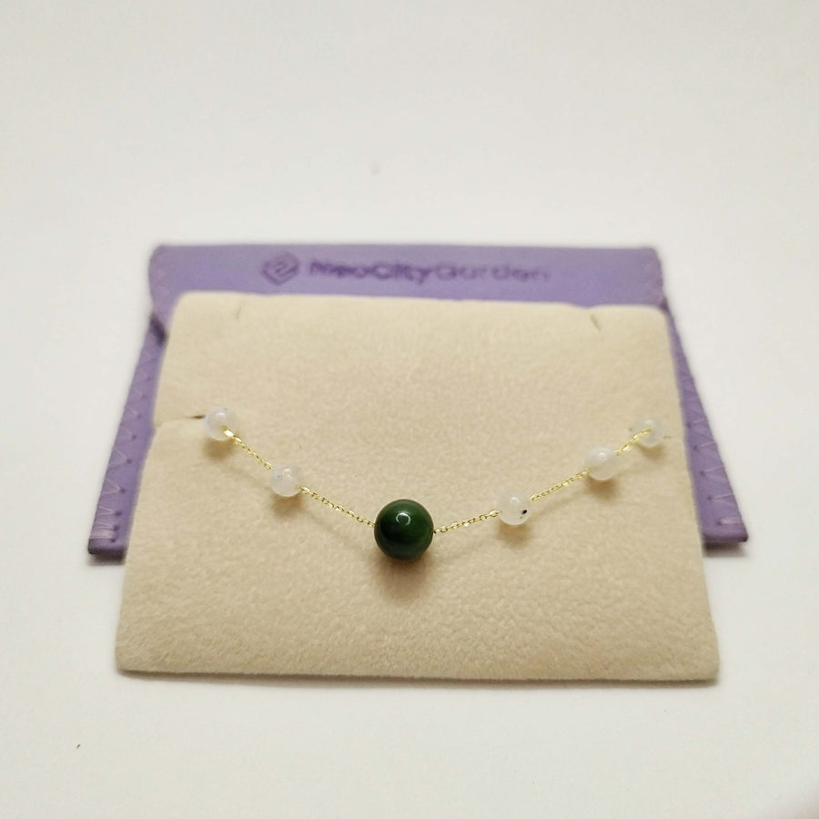 18K Gold Bracelet with Jade Centerstone & Moonstone Beads