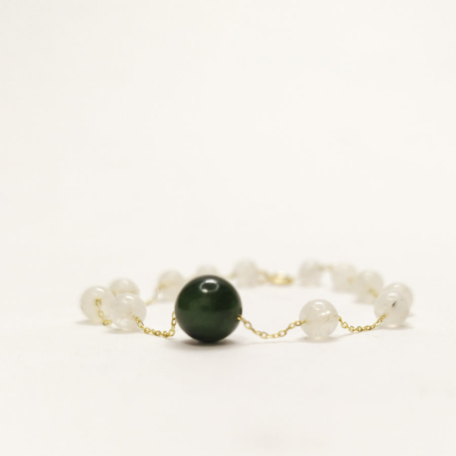 18K Gold Bracelet with Jade Centerstone & Moonstone Beads