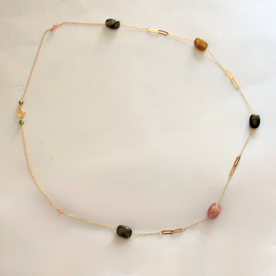 Long Tourmaline Multicolor Stones Necklace - 18K Gold