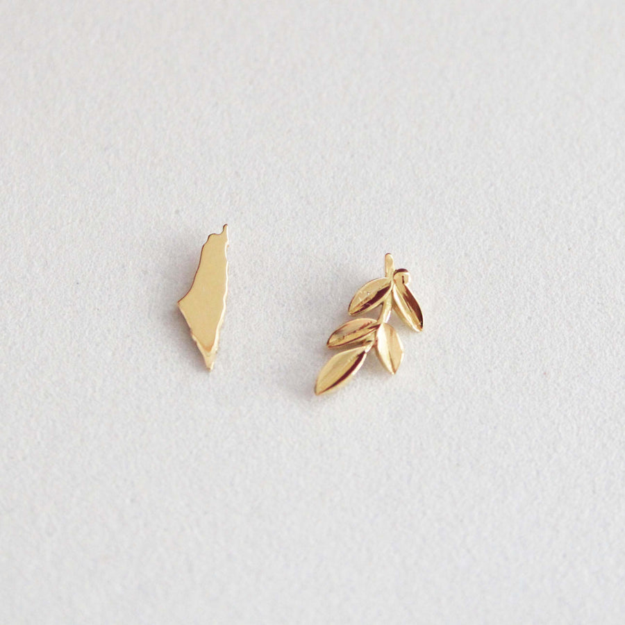 Palestine Map & Olive Branch Stud Earrings in 18K Gold