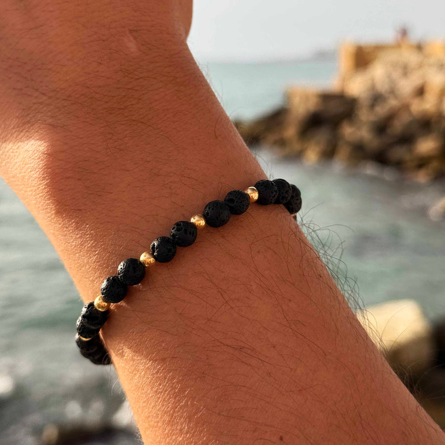 Men's Lava Stone Beaded Bracelet with 18K Gold Beads
