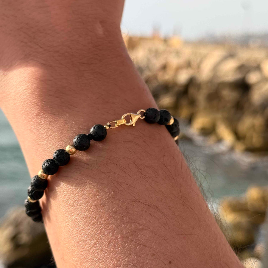 Men's Lava Stone Beaded Bracelet with 18K Gold Beads