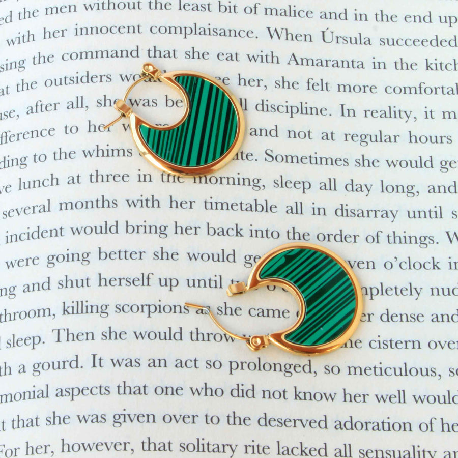 Green Moon Earring | Gold Moon Earring | Malachite Earrings | Huggie hoops