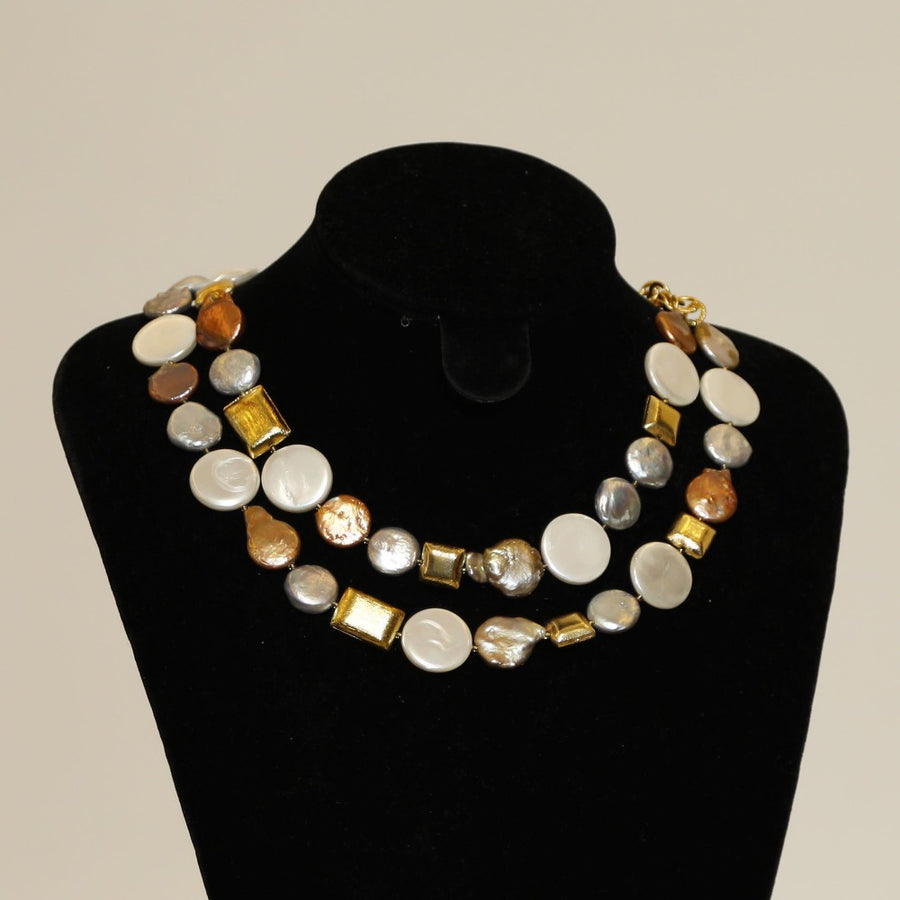 Baroque freshwater multicolor pearl necklace with white shirt and jeans 